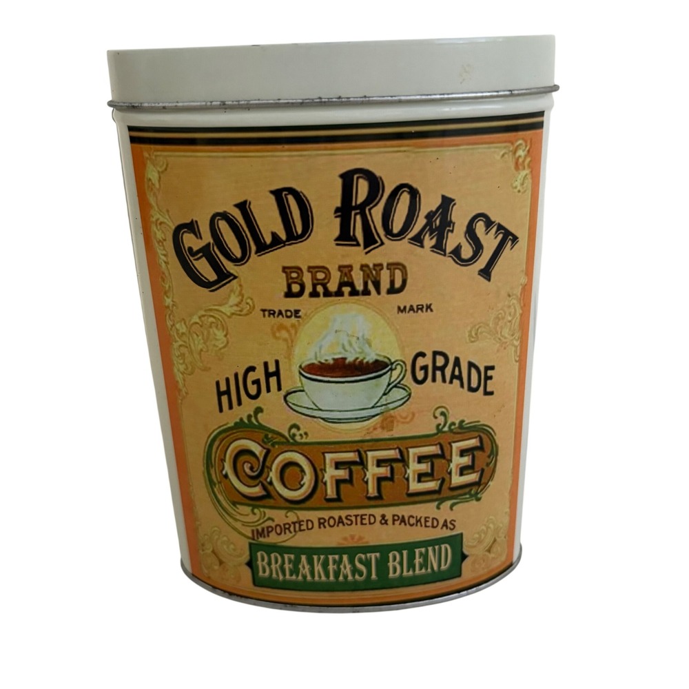 Gold Roast Brand Coffee Tin Breakfast Blend Oval Metal Canister Vintage Style
